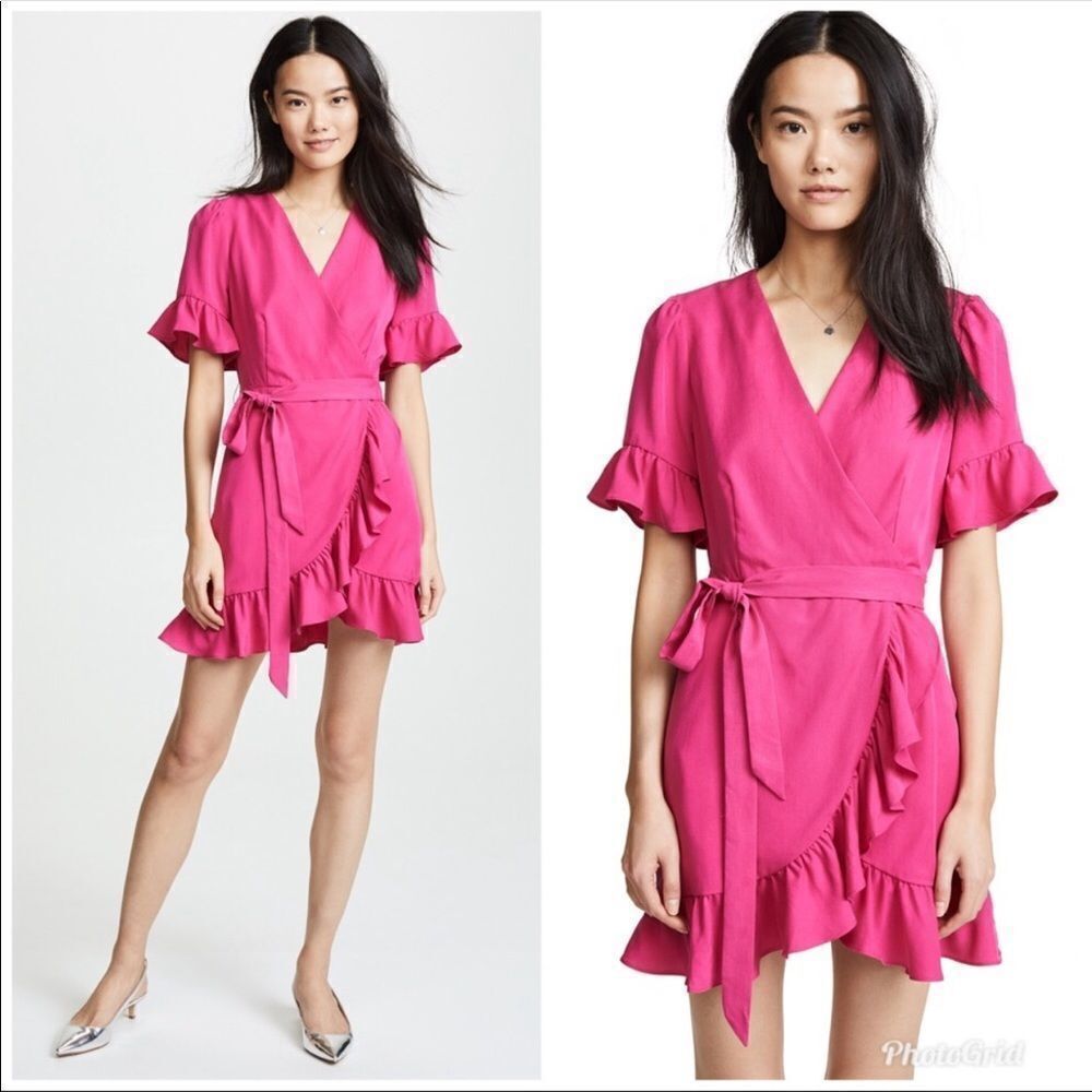 LINE + DOT Cherie Mini Wrap Dress Ruffle V-Neck Short Sleeve Fuchsia Pink Medium